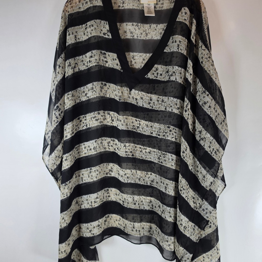 Michael Kors Striped Chiffon Poncho Swim Cover Up Top V-Neck Black Cream M/L